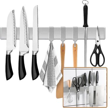 Improved 50cm Trhillsbrad Magnetic Knife Strip, 50cm Magnetic Knife Holder with 3 Hooks Stainless Steel Knife Rail Self-Adhesive, Silver Wall Mount Magnetic Strip No Drilling Knife Holder