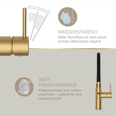 Кухонний змішувач Lenz NALU - матовий золотий, гнучкий вилив, 2 режими, економія води, антифрегат, монтаж зверху, артикул 46070422