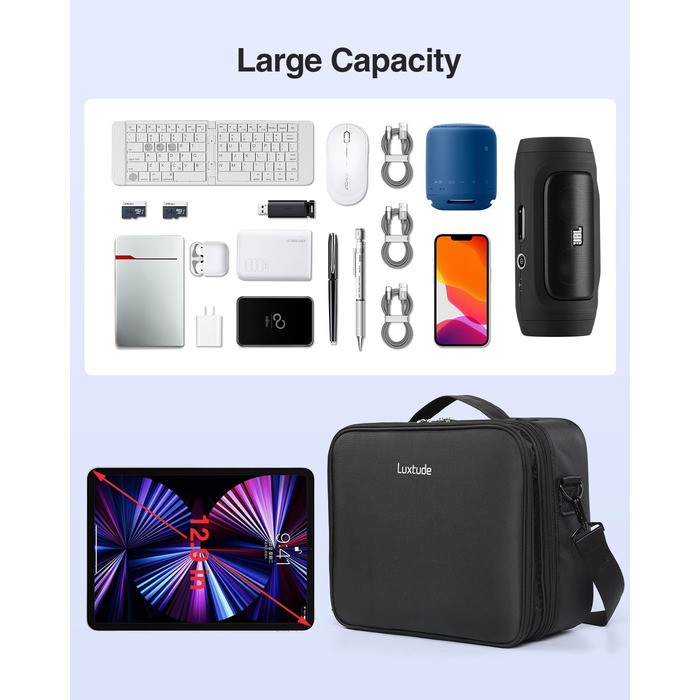 Органайзер для електроніки Luxtude: велика дорожня сумка, подвійний шар, Tech-сумка, органайзер для кабелів, для iPad (до 12,9 дюймів), чорний, XL