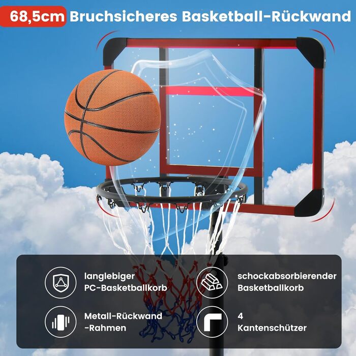 COSTWAY Adjustable Height Basketball Hoop System - Mobile Outdoor Basketball Stand with PC Backboard and Wheels (155-210cm)