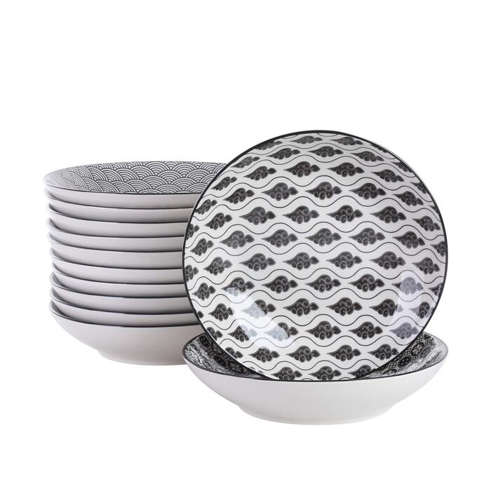 Набір тарілок Vancasso Haruka: 12 шт. (глибокі, Ø 21 см, 700 мл, чорний + кремовий)