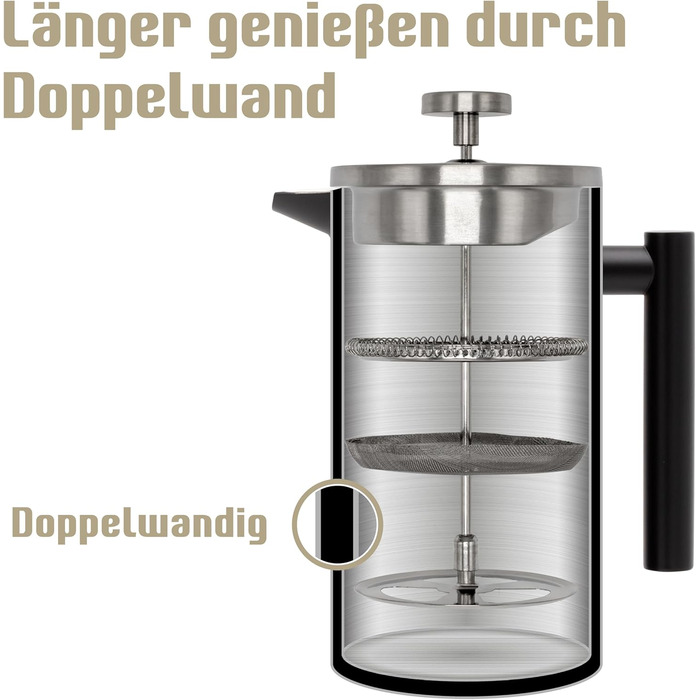 Набір для приготування кави френч-прес, термоізольований, з пітчером для спінювання молока, нержавіюча сталь (чорний, 1 літр)