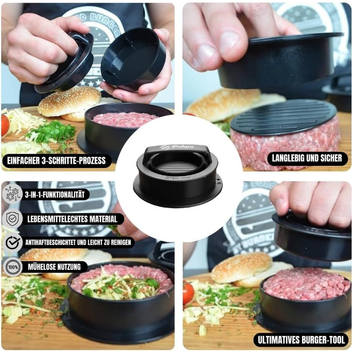 Набір для приготування Smash Burger – 9 предметів: прес для бургерів, сплескач, 2 термокапелюхи, лопатка та шампури – подарунок для чоловіків та любителів гриля (колір: коричневий)