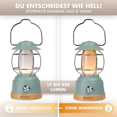 Naturbummler® Camping Lamp [Up to 200h of Brightness & Waterproof] Rechargeable, incl. Power Bank, infinitely dimmable, 5200mAh, outdoor lamp, camping, survival, LED light, battery lamp, lantern, SOS