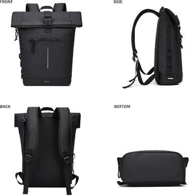 Чорний рюкзак YTL Rolltop з відділенням для ноутбука 17 дюймів. Ідеальний для подорожей, школи, університету, велопоїздок.
