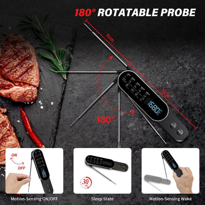 Бездротовий термометр для м'яса з миттєвим зчитуванням, ±0.3°C, IP67, для приготування на грилі, барбекю, кухні. Термометр для м'яса з LCD екраном