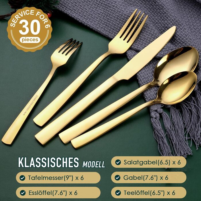 Набір столових приборів OGORI для 6 осіб, 30 предметів, з дзеркальним поліруванням, нержавіюча сталь 18/10, набір столових приборів для дому/вечірки/ресторану (подарункова коробка)