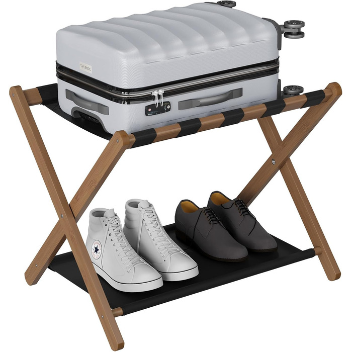 Smuxee Walnut Bamboo Luggage Rack for Guest Rooms, Folding Suitcase Stand with Storage Shelf, Lightweight Assembled Luggage Rack with 5 Nylon Straps for Guest Rooms Bedrooms Hotel