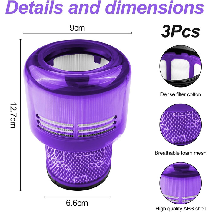 Фільтр для пилососа Dyson V11/V15 (3 шт.) - HEPA, миючий, сумісний з Animal Torque Drive, No.970013-02
