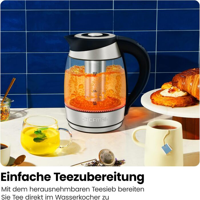Chefman Electric Glass Kettle with Temperature Control - 1.8L Stainless Steel, Infuser, Auto Shutoff, LED Display