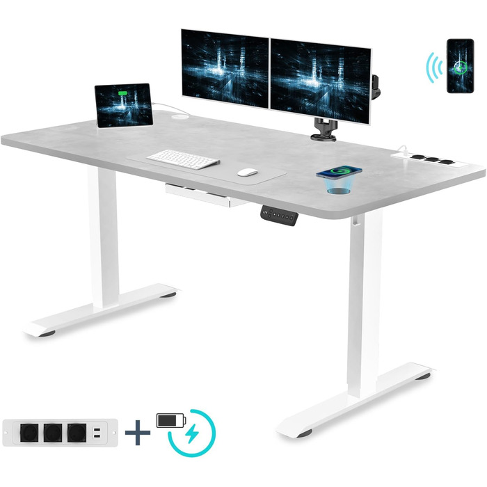 Електричний регульований стіл Devoko 160x80 см, сіро-сірий, з євро-розеткою, USB зарядкою, лотком для кабелів і пам’яттю висоти – письмовий комп’ютерний стіл