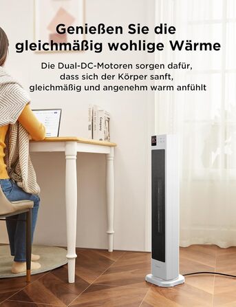 Midea NTH20-22GR(WH) Heater - Energy-Saving, Quiet with Remote Control, PTC 2000 Watt Ceramic Heater with Thermostat, 2 Heat Settings, 24H Timer, ECO Mode, for Large Rooms, 75° Oscillation, 76.5CM