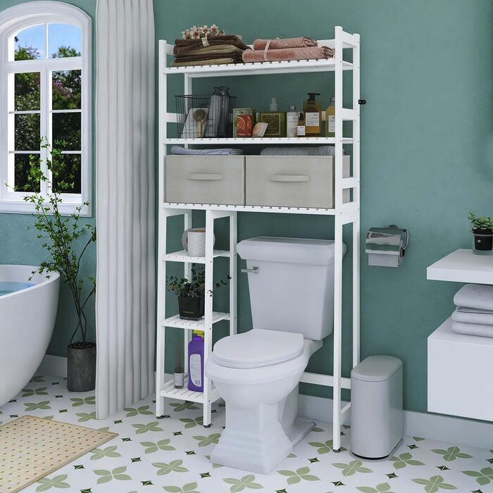 SMIBUY Over The Toilet Storage, 6-Tier Bamboo Bathroom Shelf with Drawers, Freestanding Over the Toilet Organizer Rack, Ample Storage, Space Saver for Small Spaces (Natural) (White)