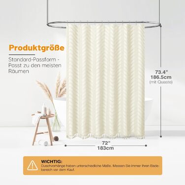 Штора для душу BTTN 180x180 см, бежева бохо, з китицями, водонепроникна, з гачками (1 шт)