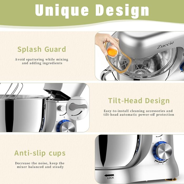 Stand Mixer, Zuccie Stand Mixer Quiet Stirring Mixer including 5L Stainless Steel Bowl, 3 Mixing Tools, Splash Guard, Dough Scraper, and Egg Separator, 8+P Speed Dough Mixer Silver