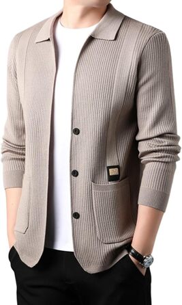 Чоловічий в'язаний жакет з ревером та довгими рукавами, з кишенями, бежевий, для осені