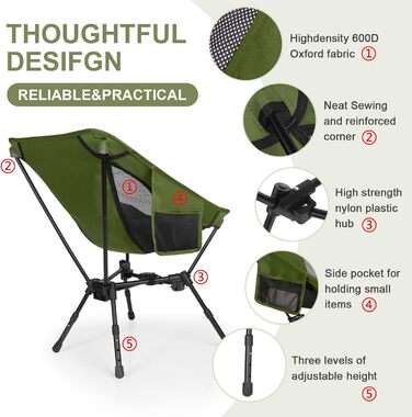 Складний туристичний стілець TOPCHANCES, 150 кг, армійний, з кишенею, дихаюча сітка для пікніків та відпочинку на природі