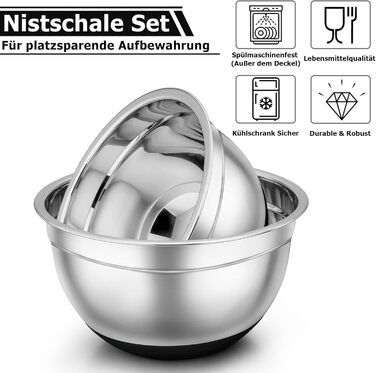 TEAMFAR Mixing Bowl Set of 7, Stainless Steel Bowl Salad Bowl Set with Airtight Lids and Silicone Bottom, Nesting & Dishwasher Safe, 0.7L / 1.2L / 1.5L / 2.5L / 2.8L / 3.5L / 6.5L, black