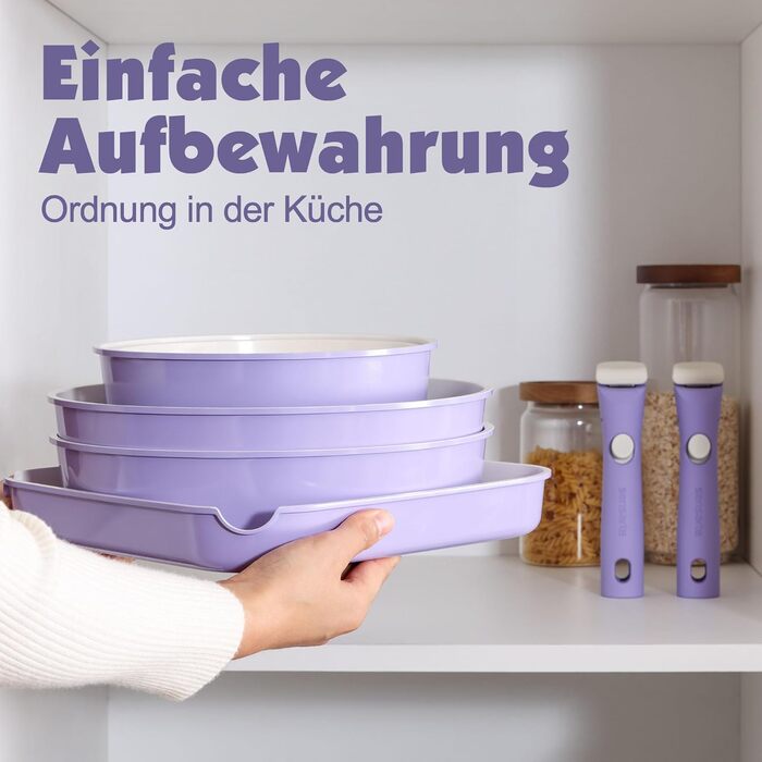 Набір посуду SENSARTE Keramik 17 предметів: каструлі, сковороди з антипригарним покриттям та знімними ручками, для всіх типів плит, можна мити в посудомийній машині та використовувати в духовці, фіолетовий колір