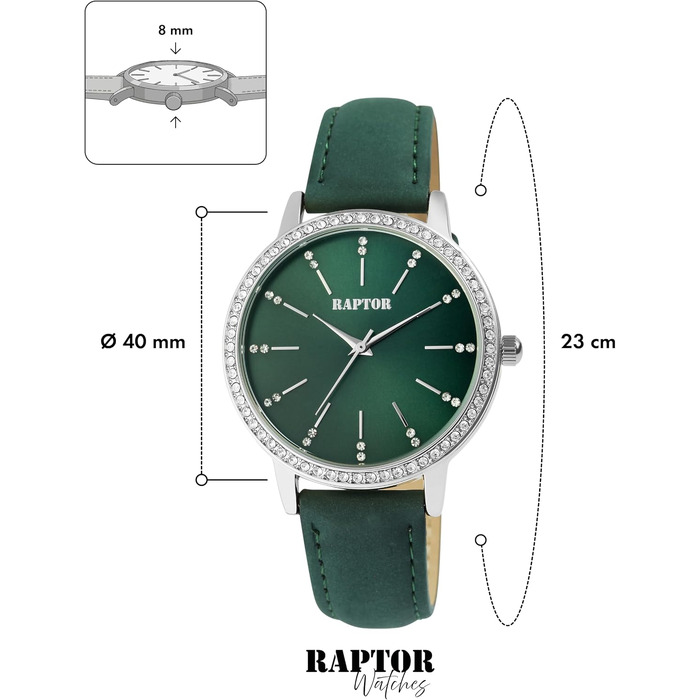 Жіночий наручний годинник Raptor elegant з блискітками, сріблястий корпус та чорний шкіряний ремінець