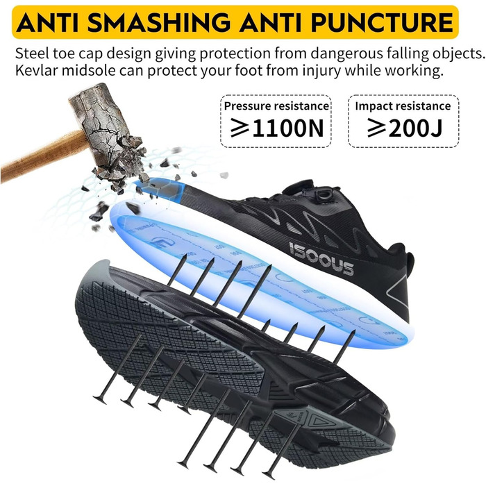 Черевики робочі чоловічі ISOOUS S3S, водонепроникні, ESD, з неслизькою підошвою, зручні, зі сталевим підноском, 43 EU, чорний/сірий