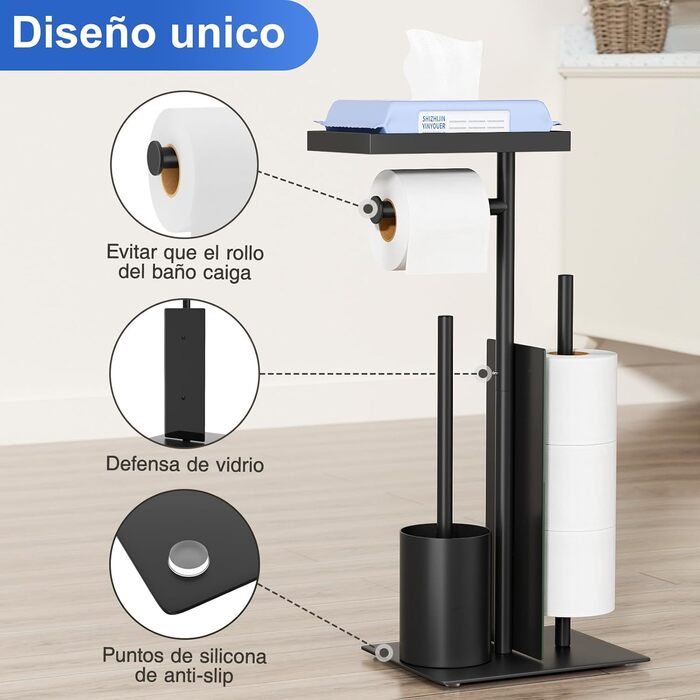 Тримач туалетного паперу з щіткою для унітазу, чорний матовий (з контейнером для серветок та скляною полицею)