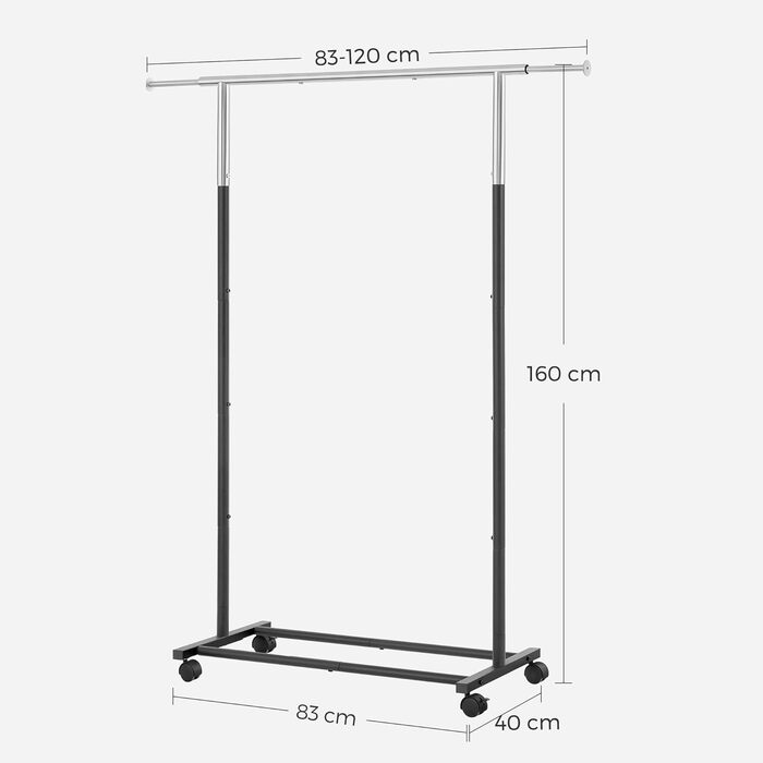SONGMICS Clothes Rack, Clothes Rail, Coat Stand with Wheels, Load Capacity up to 25 kg, Adjustable, Silver-Black HSR101B01