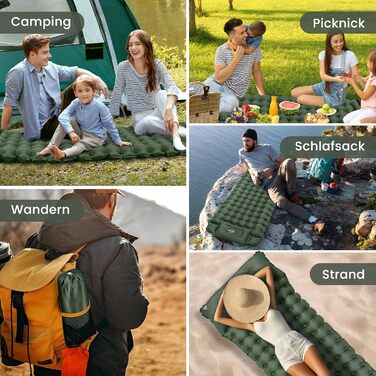 Каремат самонадувний туристичний Tuocal Isomatte, 9 см, з подушкою, з насосом, антиковзаюча поверхня, для кемпінгу, відпочинку на природі, подорожей, намету (армійний зелений)