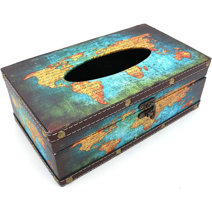 POFET Vintage Chic Shabby Wood Tissue Box Holder Rectangular Handcraft Tissue Paper Box Cover Serviette Organizer Holder Home Storage Office Car Decoration with Metal Lock - Card