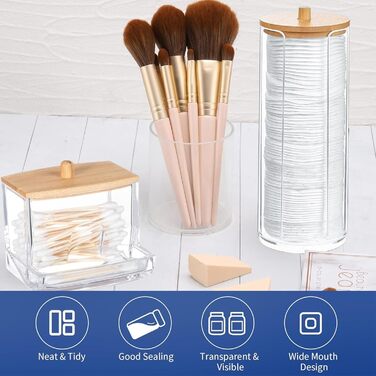 Набір з 3 ватпадносховища, контейнер для ватних паличок – практичне зберігання ватних дисків та паличок у ванній кімнаті. З бамбуковим кришками, економія місця та захист від пилу.