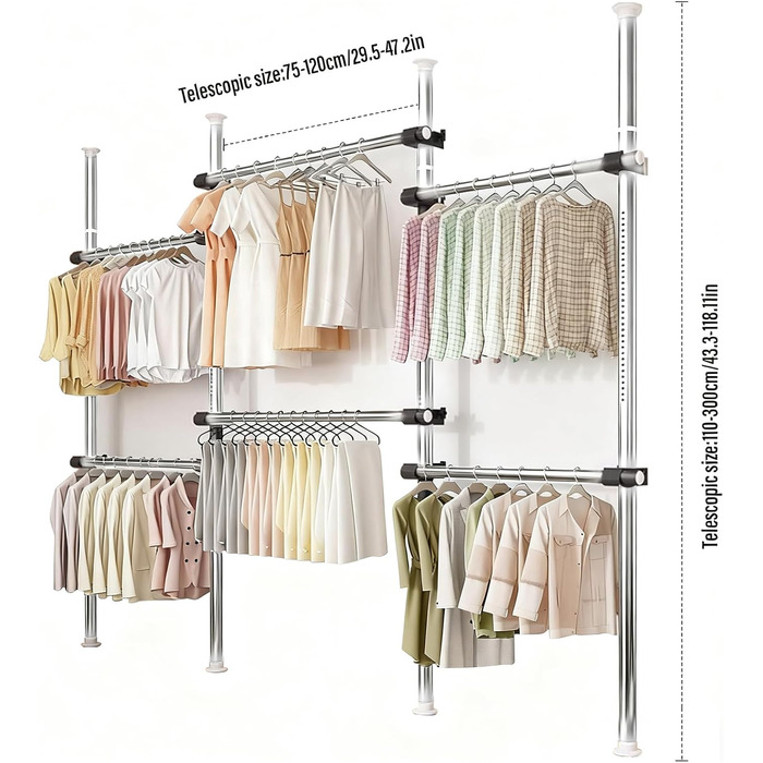 Телескопічна система для гардеробу: розширювана штанга для одягу з 6 штангами та 2 гачками, регульована полиця 110-300 см, для дому та магазину одягу, білий (срібний)
