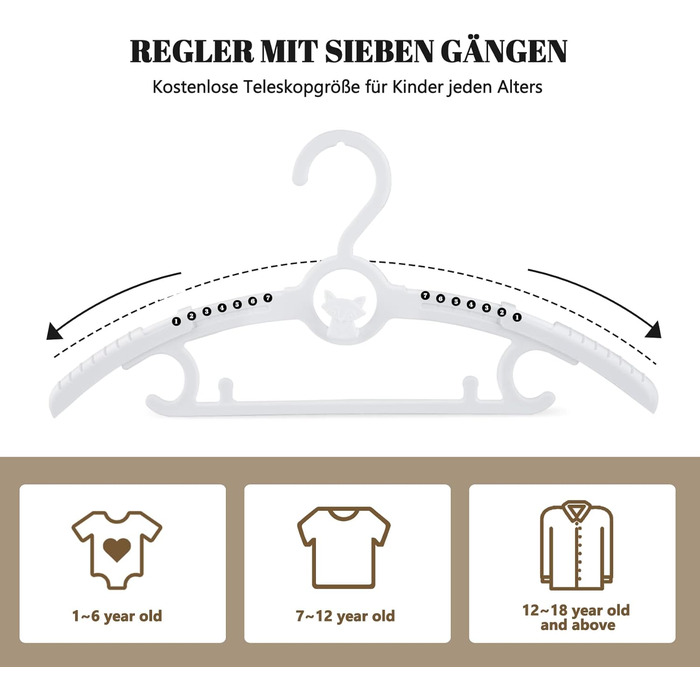 24 дитячі вішалки для одягу: економія місця, регульовані, 27.5-37 см, з гачками для штабелювання, неслизькі, для малюків та школярів, білі (24 шт.)