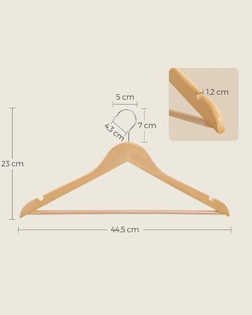 SONGMICS Wooden Clothes Hangers, 30-Piece Set, Solid Wood Hangers, Shoulder Indentations, Non-Slip Trouser Bar, 360° Swivel Hook, for Suits, Shirts, Natural Wood-Silver, CRW031NL