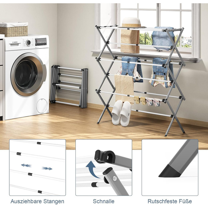 Складаний сушильник для білизни з 11 перекладинами, 3-ярусний, сірий та білий