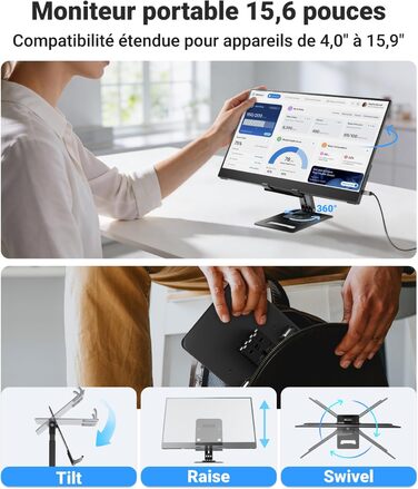 Портативний монітор Ingnok 15.6 дюймів, FHD 1080P IPS з підставкою, для ноутбука, ПК, Mac, PS3/4/5/X-box, USB-C & HDMI, 15.6 (підставка)