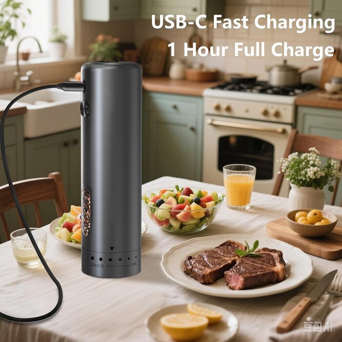 Electric rechargeable salt and pepper grinder, automatic electric pepper grinder with large 110ml capacity, externally adjustable coarseness, LED light, and one-handed operation, black