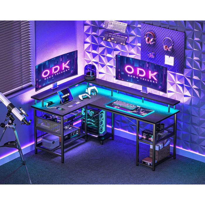 Ігровий стіл ODK з LED-підсвіткою, реверсивний, з 2 розетками та 2 USB-портами, кутовий, з сітчастою полицею, чорний, 150×102 см