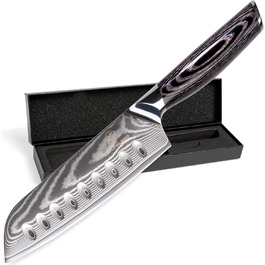 Професійний кухонний ніж Santoku Wolfblood PRO XL 31 см з 67-шарової дамаської сталі з дерев'яною ручкою, подарункова коробка та чохол