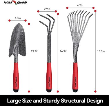 FLORA GUARD Garden Tools, 6-Piece Garden Tool Set Including Weeder, Garden Shovel, Hand Rake, Hand Hoe, Brush Rake, Cultivator, Garden Hand Tools with Heads Made of Carbon Steel