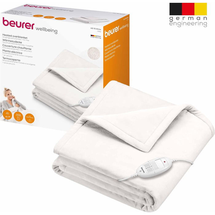 Електрична ковдра Beurer HD 75 з 6 рівнями нагріву, системою безпеки та автовимкненням, 180 x 130 см, біла