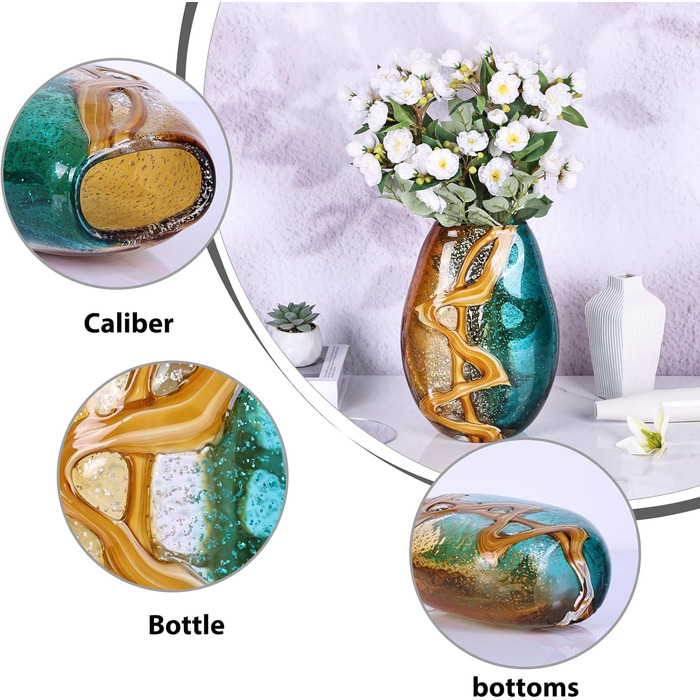 PlivBloom Blue-Green Glass Heads - Hand Blown Murano Glass Flower Vase Decor for Bookshelf & Living Room