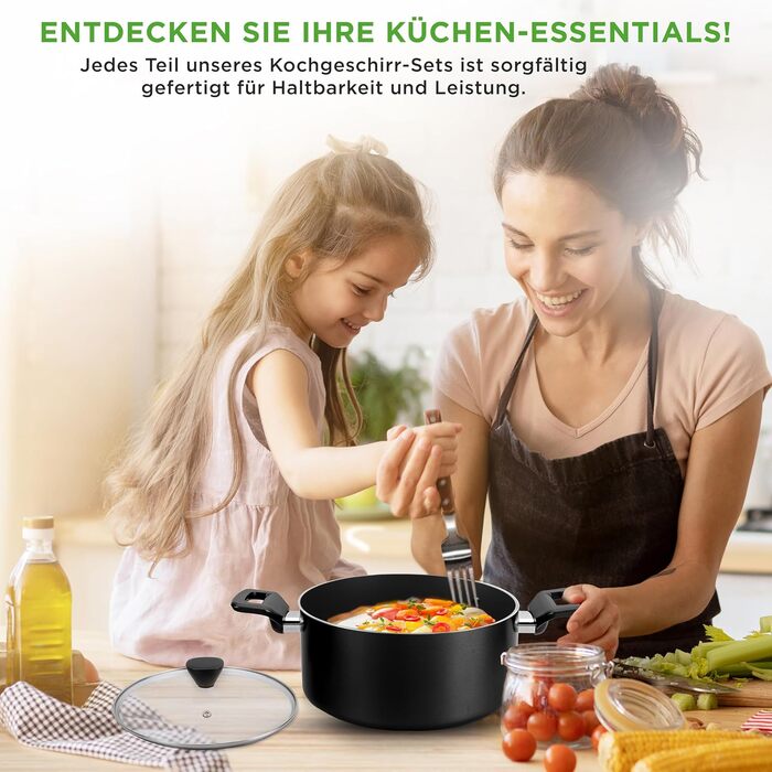 Набір кухонного посуду NutriChef 13 предметів: каструлі, сковорідки, брaтeр, сковорода, лопатки, шумівка, з прозорими кришками, чорний