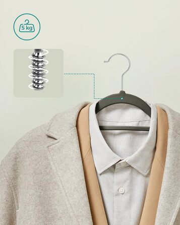 Плечики SONGMICS для одягу, 20 шт., велюрові, нековзні, для краваток, 360° обертання, 0,6 см, економія місця, 43,5 см, для пальто, штанів, срійно-сірий