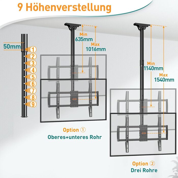 ELIVED Adjustable Ceiling TV Mount for 37-75 inch Flat & Curved TVs - VESA 600x400mm, 50kg Capacity