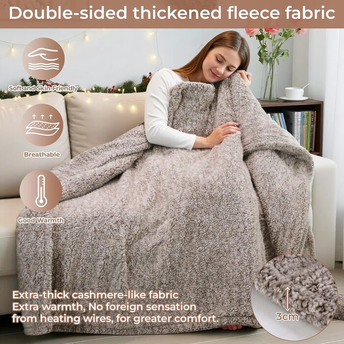 Електрична гріюча ковдра TLGREEN 180x130 см з м'якою підкладкою, імітація овечої шкури, з автовимкненням, двостороння, захист від перегріву, таймер, 9 температурних режимів, пральна, ковдра для дивана, ліжка, офісу, коричнево-сіра
