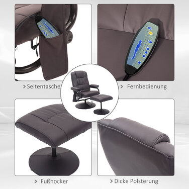 HOMCOM Massage Chair with Ottoman, Swivel Recliner with Massage Function, Electric TV Chair with Reclining Function, Remote Control, Faux Leather, Brown