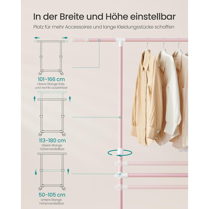 SONGMICS Clothes Rack with 2 Clothes Rods, Extendable Clothes Rail, with Wheels, Coat Rack, Height Adjustable between 113 and 180 cm, Lower Rod Adjustable, Pastel Pink LLR401R01