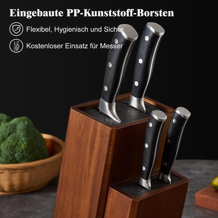 ENOKING Knife Block without Knives, Acacia Wood Knife Block, Knife Holder with Removable Plastic Bristles, Universal Wooden Knife Block for the Kitchen Counter