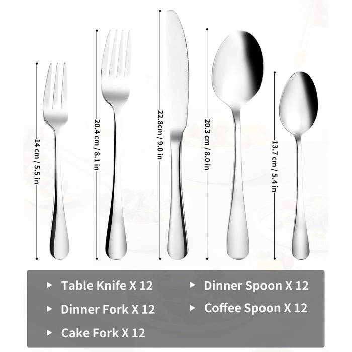 Xespis Cutlery Set 12 People, 60-Piece Stainless Steel Cutlery Set, with Steak Knives, Elegant Dinner Cutlery, High-Gloss Polished and Dishwasher Safe, with Knife Fork Spoon, for Home, Party, Restaurant