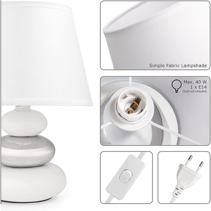 Нічна лампа 'Ліна' - керамічна настільна лампа з абажуром з тканини, сумісна з LED, цоколь E14, 230V, для вікна, дивана, підвіконня (білий/сріблястий)